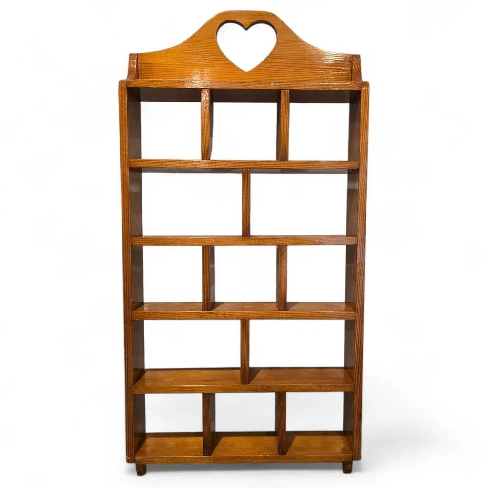 Vintage Wood Trinket Shelf Shadow Box Display Heart Cutout Wall Hanging Unit